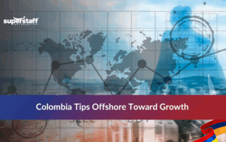 Global connectivity map highlighting Colombia as a hub for offshoring advantages.