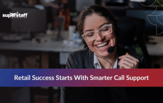 Retail call center outsourcing team of agents working happily in office