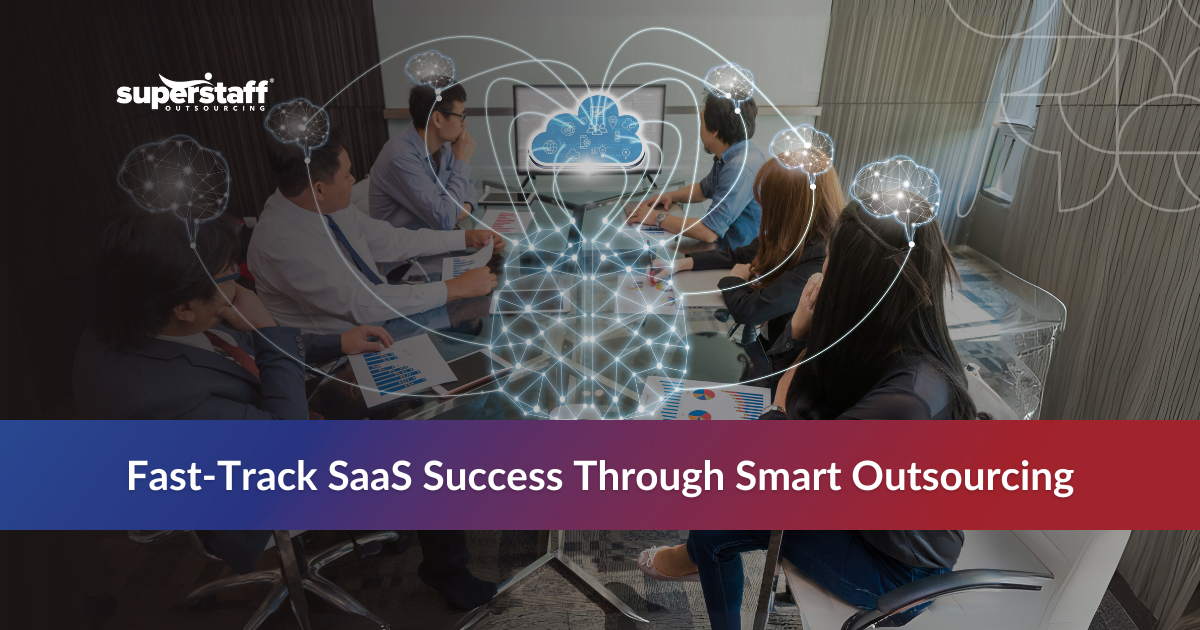 BPO workers brainstorming together in an office, representing outsourcing SaaS development services.