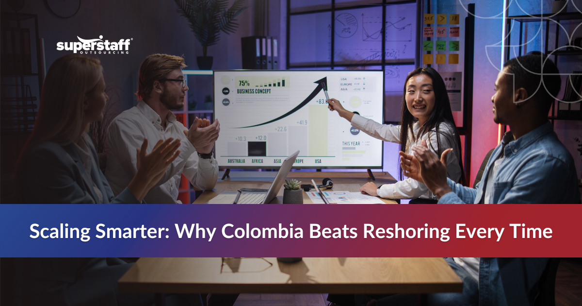 Tech startup team comparing nearshoring vs reshoring strategies to address talent shortages.