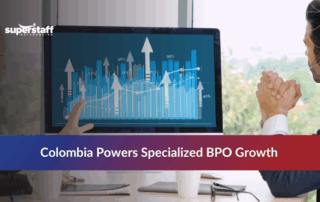 Business professionals collaborating on specialized BPO services with data visualization overlay