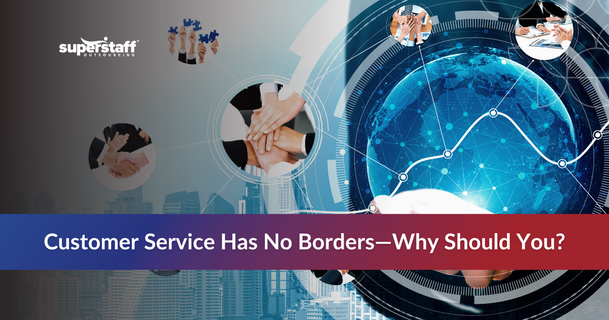 Global customer service infographic showing benefits of offshore call centers with business professional