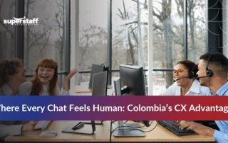Chat support agents in Colombia happily assisting customers through chat support outsourcing services.