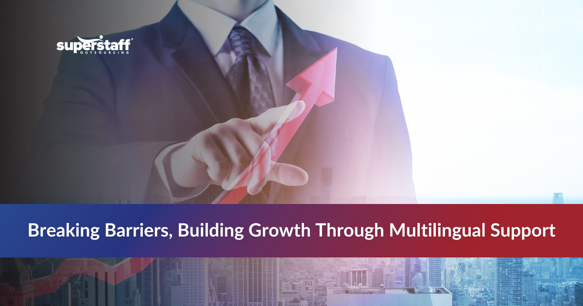 Man pointing at a rising arrow symbolizing business growth with multilingual outsourcing services.