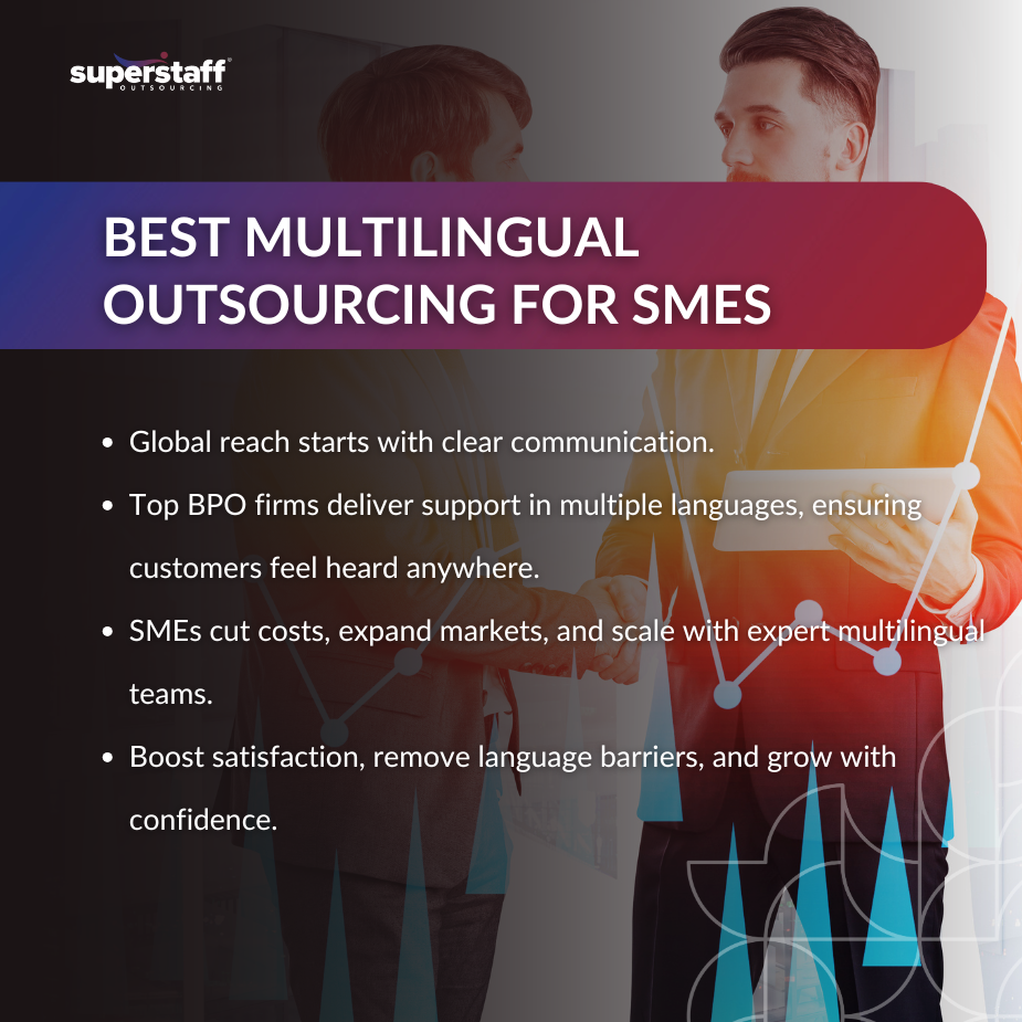 Companies Supporting SMEs_MI Man pointing at a rising arrow symbolizing business growth with multilingual outsourcing services.