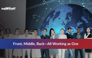 Global connection graphic showing how businesses outsource front middle and back office tasks to scale operations.