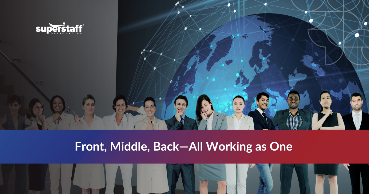 Global connection graphic showing how businesses outsource front middle and back office tasks to scale operations.