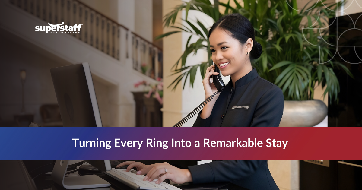 Hotel receptionist answering a call representing reliable hotel answering service for five-star guest experience.