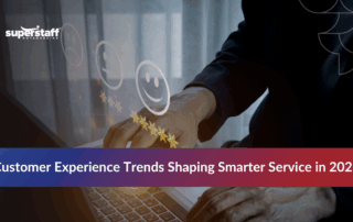 Person using computer with rating icons representing the future of customer experience