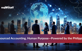 Outsourced accounting services Philippines team with global network and city skyline backdrop