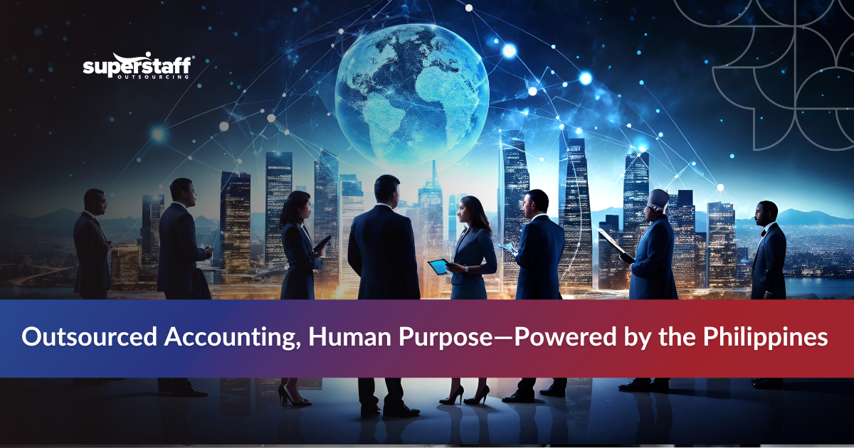 Outsourced accounting services Philippines team with global network and city skyline backdrop