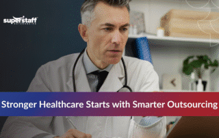 Healthcare outsourcing challenges infographic showing compliance risks, billing errors, and solutions on office desk