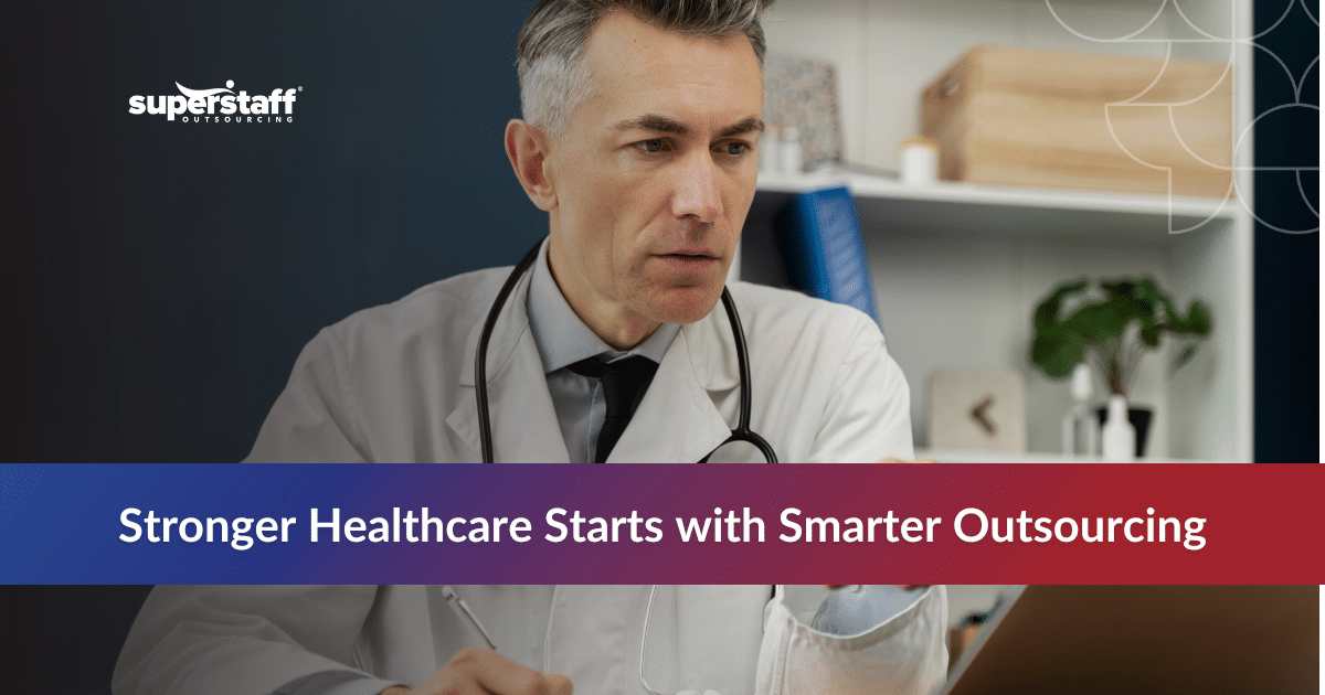 Healthcare outsourcing challenges infographic showing compliance risks, billing errors, and solutions on office desk