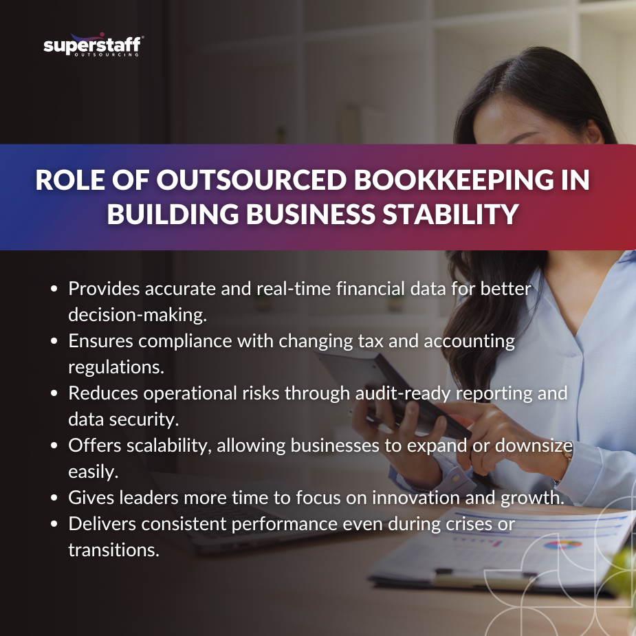 Outsourced bookkeeping professional reviewing financial data and reports for business stability
