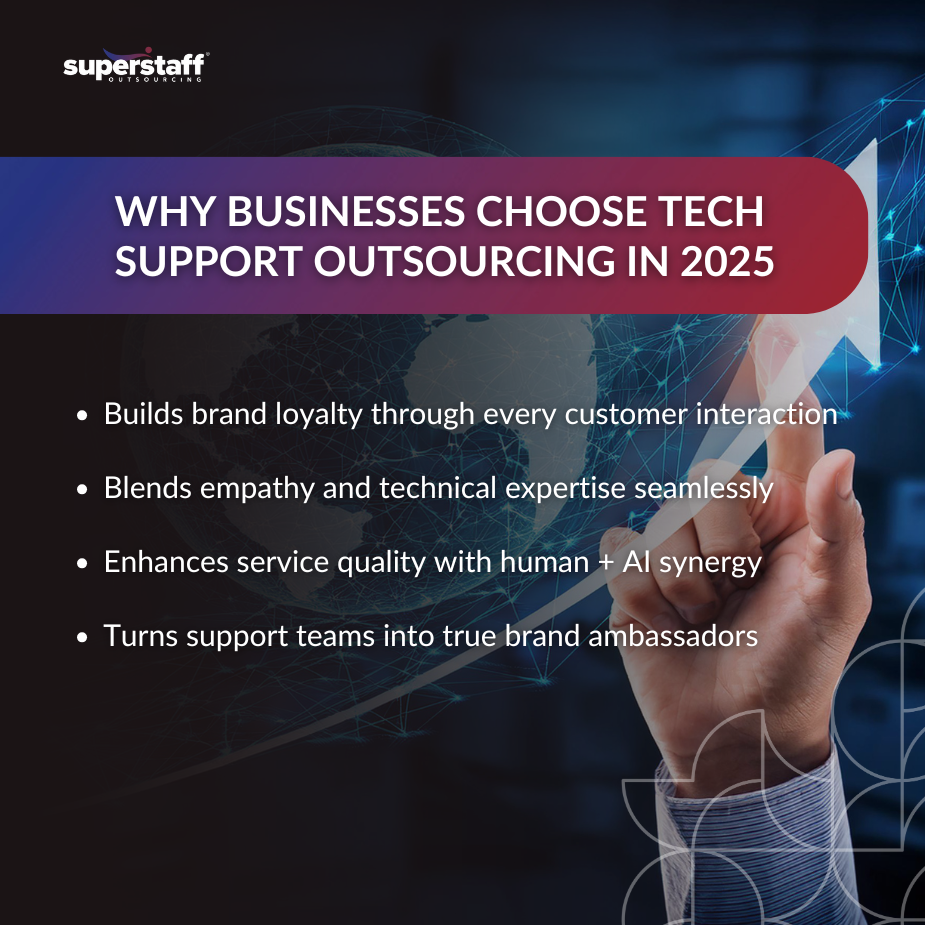 Fixers to Brand Ambassadors_MI Tech support outsourcing benefits infographic with digital network and business professional hand