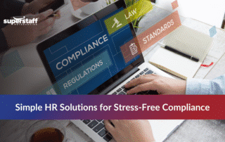 Professional presenting HR support for small businesses compliance solutions with key benefits listed on gradient background