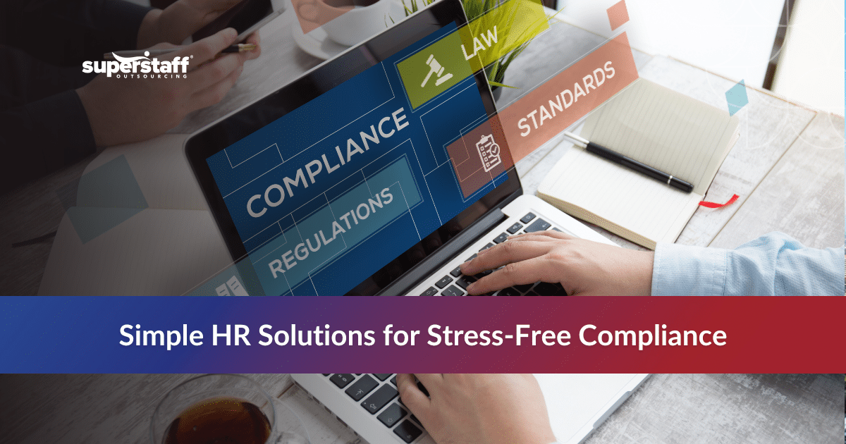 Professional presenting HR support for small businesses compliance solutions with key benefits listed on gradient background