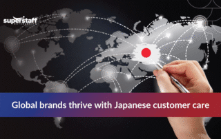 Business infographic showing global trends highlighting the rise of Japanese customer support and outsourcing benefits.