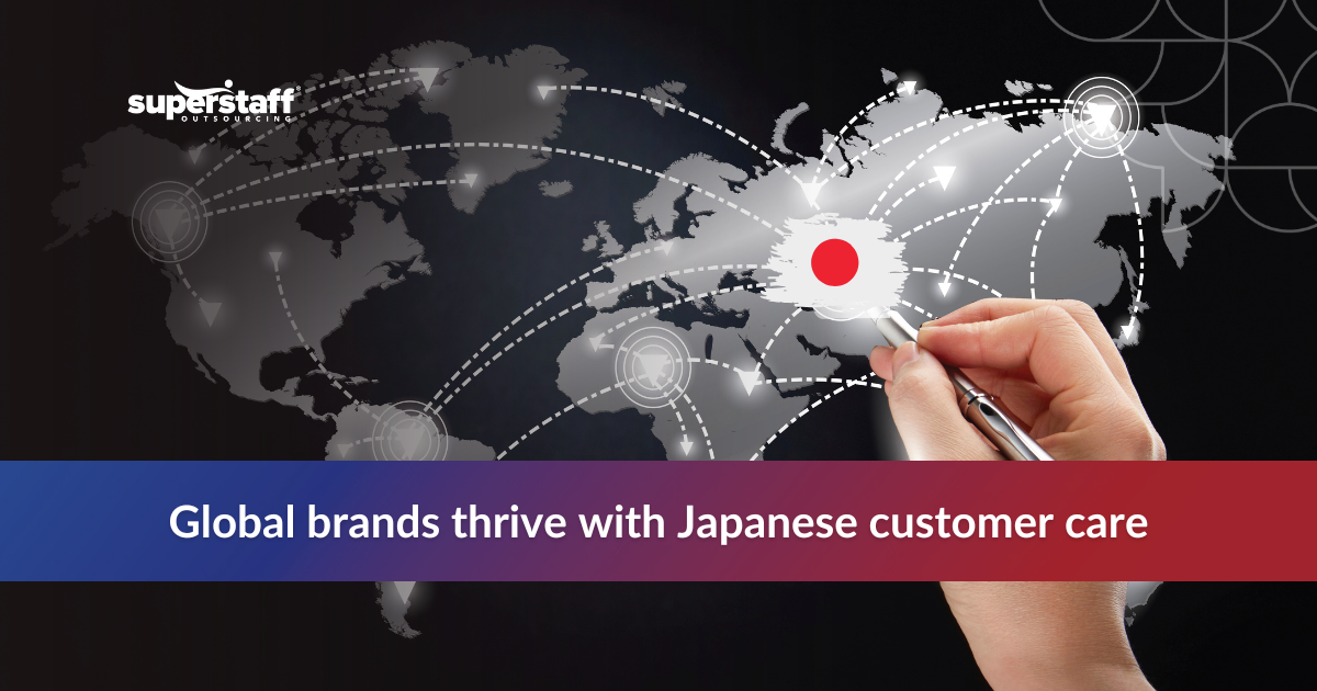 Business infographic showing global trends highlighting the rise of Japanese customer support and outsourcing benefits.