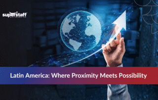 Outsourcing to Latin America business growth concept with digital globe and upward trend arrow