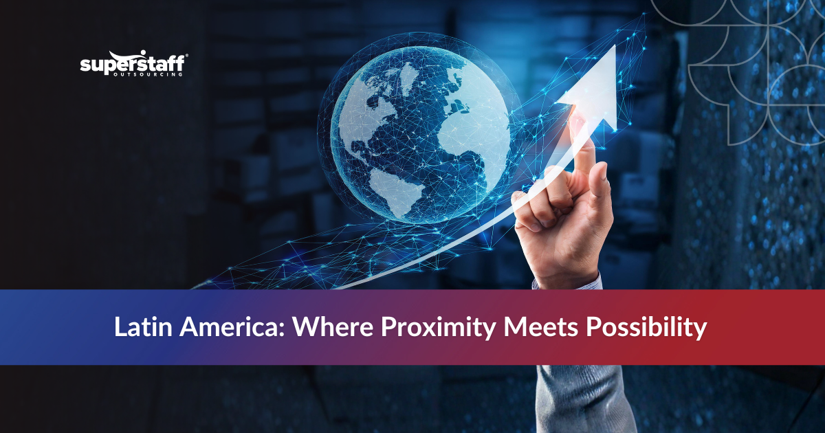 Outsourcing to Latin America business growth concept with digital globe and upward trend arrow