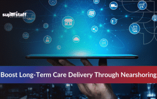 Digital tablet displaying connected support services in healthcare through nearshore technology network