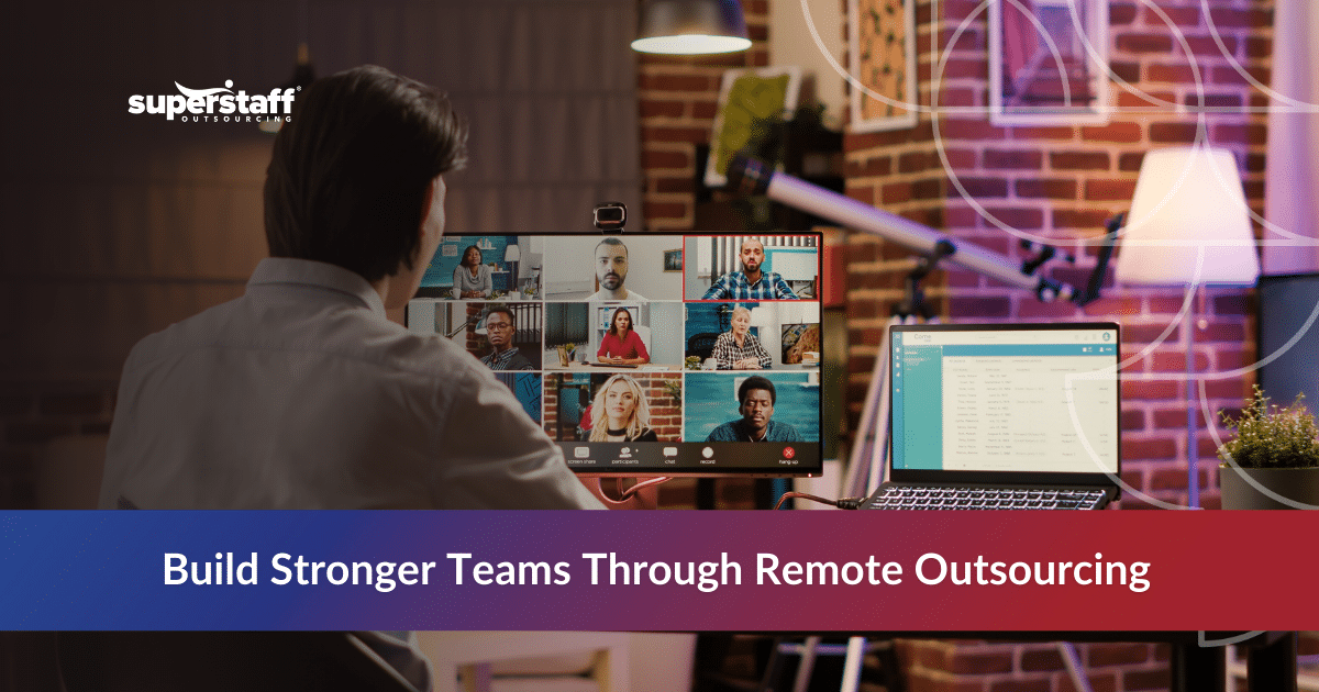 Professional participating in remote outsourcing video conference with diverse global team members on screen