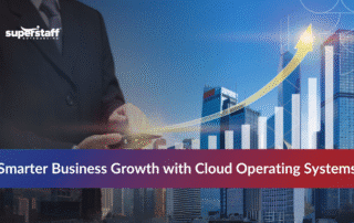 Cloud computing operating system infographic showing business efficiency benefits with professional background