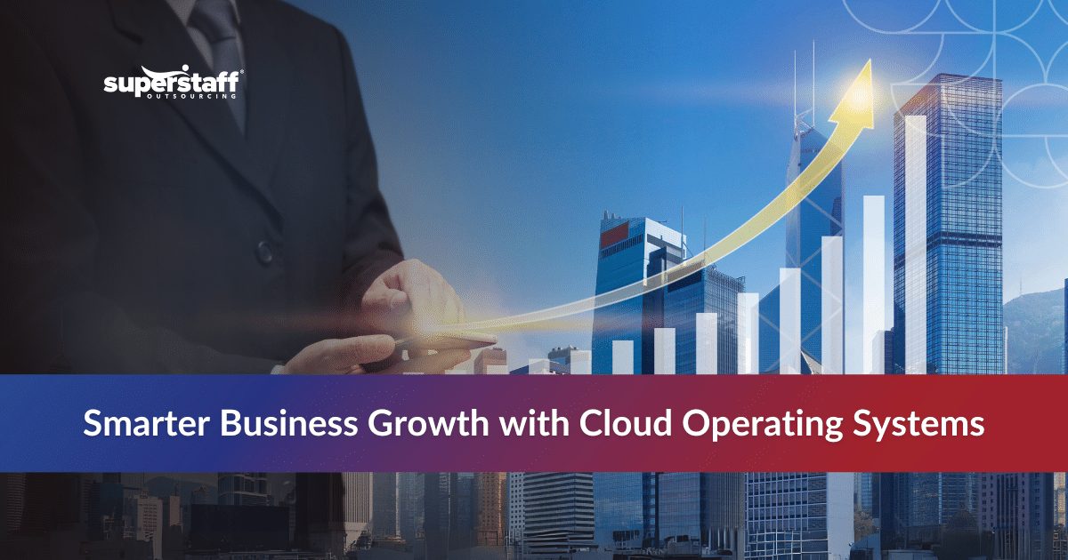 Cloud computing operating system infographic showing business efficiency benefits with professional background