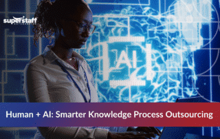 Professional woman analyzing AI-powered data visualization for KPO outsourcing knowledge management solutions