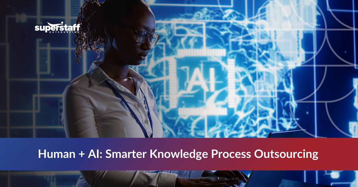 Professional woman analyzing AI-powered data visualization for KPO outsourcing knowledge management solutions