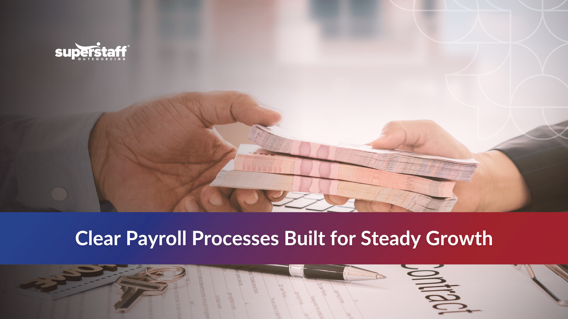 Hands passing cash over a laptop, illustrating the advantages of outsourcing payroll for steady growth.