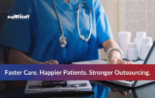 Healthcare professional using tablet for telehealth outsourcing with stethoscope and medical records