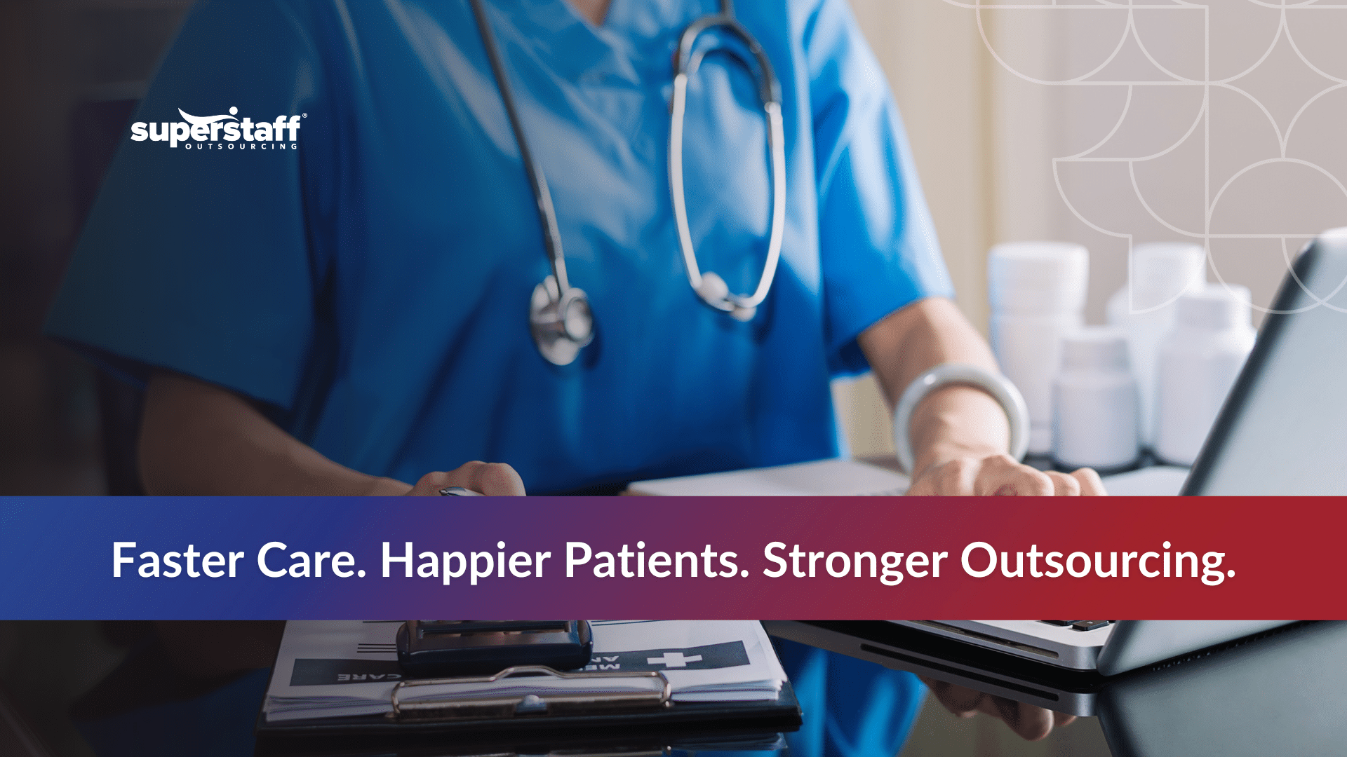 Healthcare professional using tablet for telehealth outsourcing with stethoscope and medical records