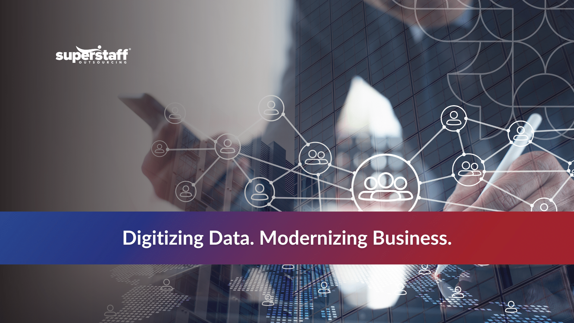 Business professional using data entry BPO services with network connections and digital interface