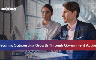 Business professionals analyzing outsourcing industry growth data with digital charts and network graphics