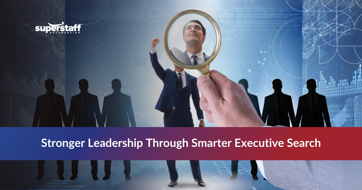 Professional businesswoman in suit representing executive search professionals with modern office background