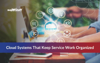 Person using a laptop with icons illustrating cloud based service management for organized service work.