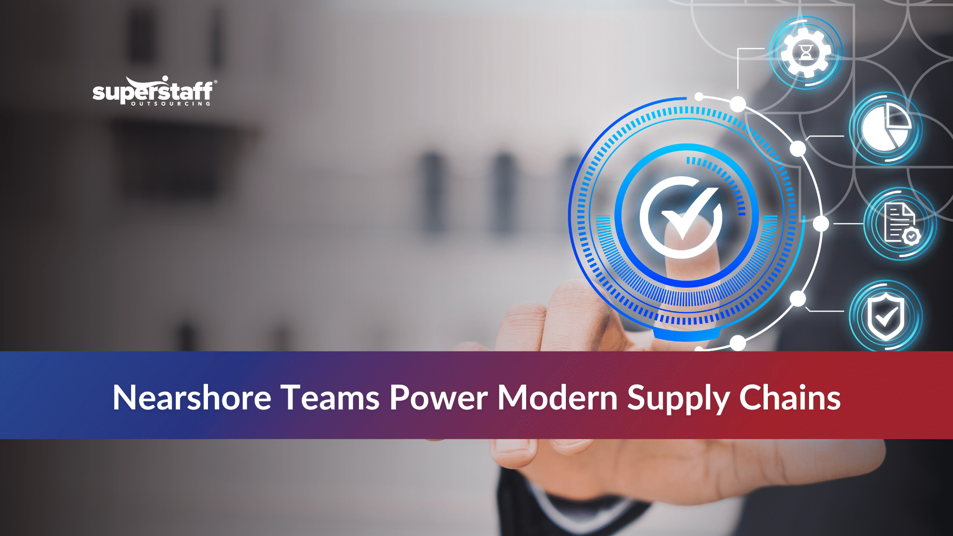 Professional accessing digital supply chain support system with quality assurance and tracking icons