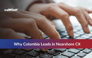 Colombian call center agent typing, illustrating call center nearshore support