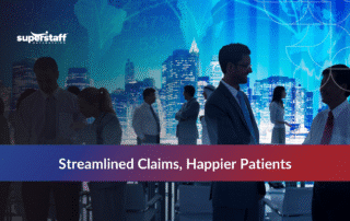 Claims outsourcing professionals collaborating with global network overlay and city skyline backdrop