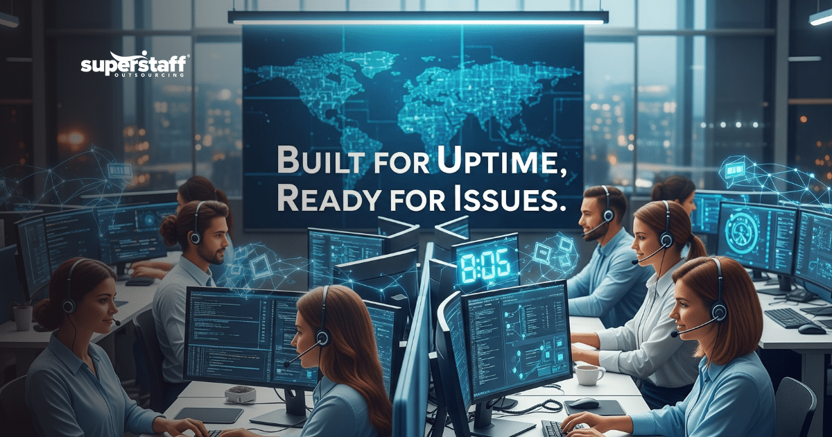 Nearshore tech support call center agents managing system uptime and resolving technical issues