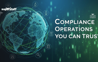 Global network connecting healthcare compliance companies with medical icons and secure data systems