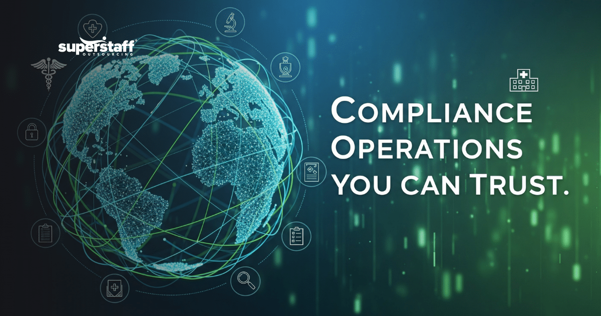Global network connecting healthcare compliance companies with medical icons and secure data systems