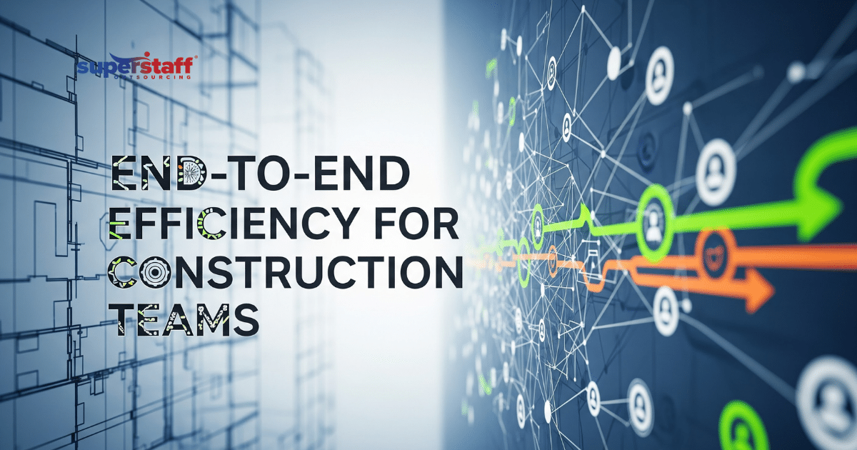 Digital workflow connecting construction industry outsourcing with architectural blueprints and analytics