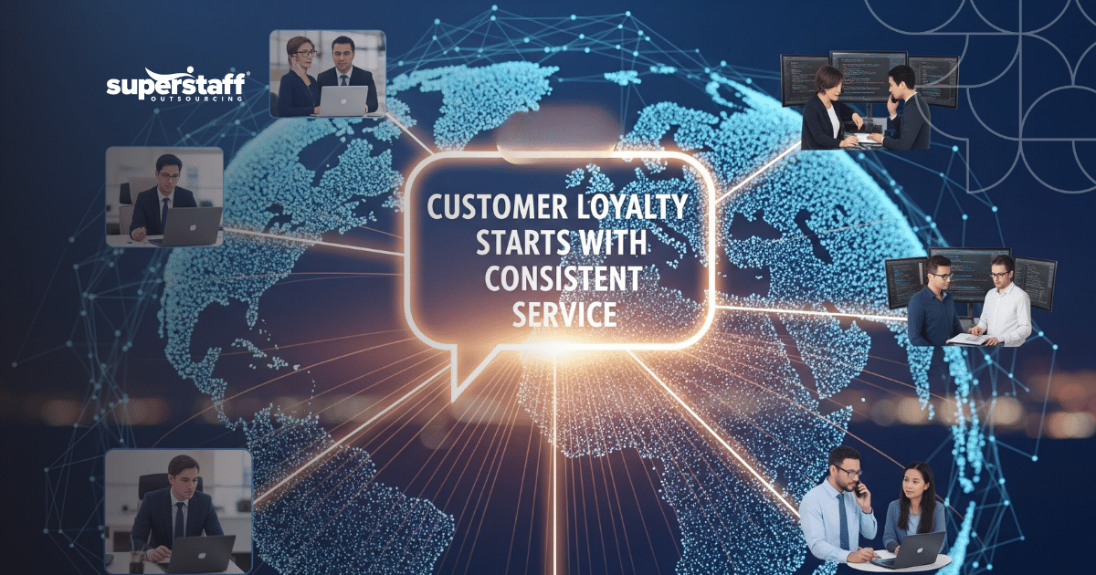 Global team implementing customer service retention strategies through connected digital support network