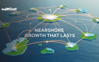 An island map with glowing network connections, illustrating a sustainable nearshore strategy for global growth.