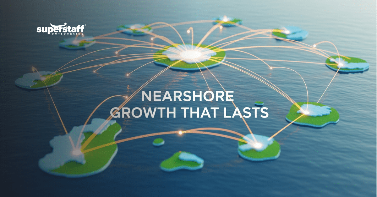 An island map with glowing network connections, illustrating a sustainable nearshore strategy for global growth.