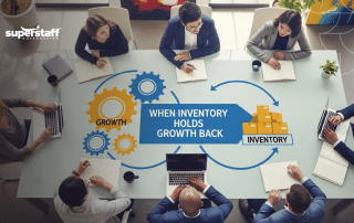 Business team meeting to outsource inventory management with growth and logistics workflow diagram
