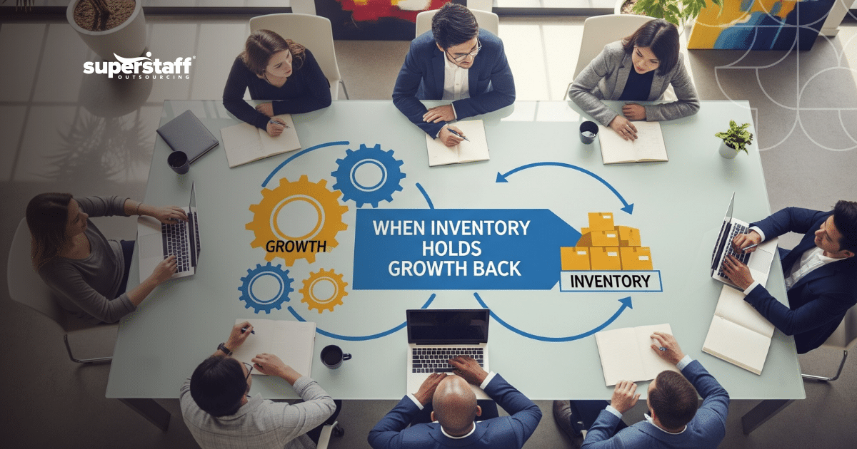 Business team meeting to outsource inventory management with growth and logistics workflow diagram